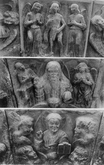 На краеугольных камнях порталов вырезаны фризы с изображением Бога-Отца , Святого Иоанна Крестит