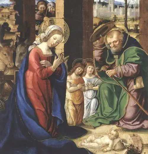 Картина изображает Святого Иосифа, Деву Марию и младенца Иисуса