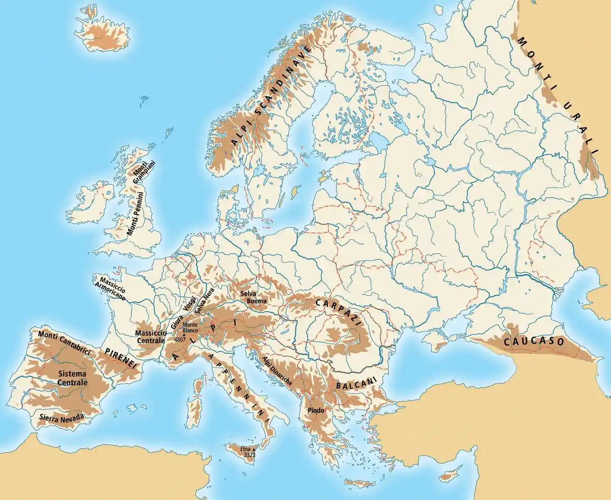 Горная система Европы карта на которой показаны все основные горы европейской части мира