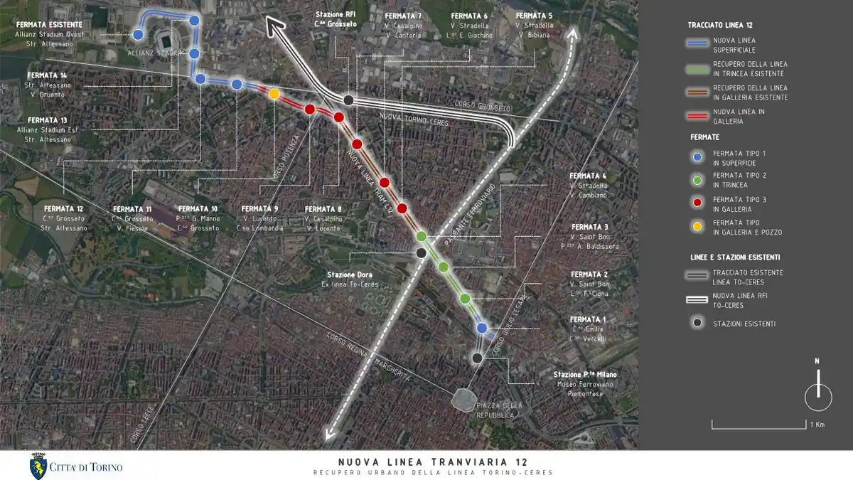 Трамвайная линия №12: Новый транспортный проект Турина карта остановок